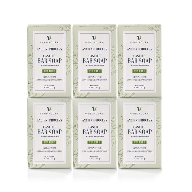 Verdacura Pure Castile Bar Soap for Face Body and Hands All Natural Vegan Soap Ultra-Gentle Biodegradable Sustainable Cruelty Free Palm Oil Free Suitable For Sensitive Skin Made in USA (Tea Tree 4.5 Ounce,6 Pack)