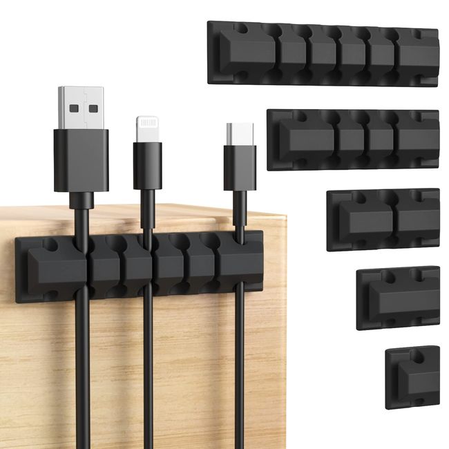 AGPTEK Kabelhalter, Kabelclips [5 Stück], Kabelmanagement, selbstklebend Kabelclips, Vielzwecke Kabelführung Kabel Organizer Set für Schreibtisch, Netzkabel, USB Ladekabel, Audiokabel, Schwarz