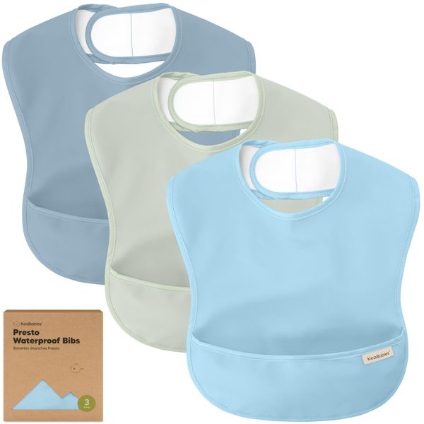 3-Pack Waterproof Baby Bibs for Eating - Lightweight Baby Bib with Food Catcher, Mess Proof Toddler Bibs, Waterproof Bibs for Baby Boys, Baby Girls, Feeding Bibs, Drool Bibs, Baby Food Bibs (Ocean)