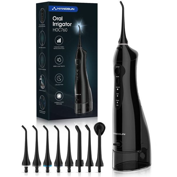 Hangsun Water Flossers for Teeth Cordless Oral Irrigator Dental Water Jet HOC760 Electric Tooth Flosser with 8 Jet Tips 300ML Water Tank USB Rechargeable for Tavel and Home Use, Black