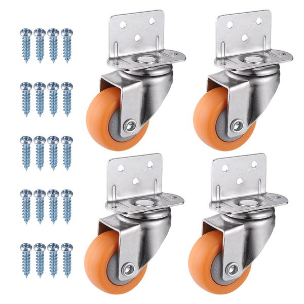 Zocipro 4Pcs Swivel Castor Wheels 37mm with Screws, Wear-resistant L-mounting Plate Caster Wheels, 360 Degree Rotating Castors for Furniture(Orange)