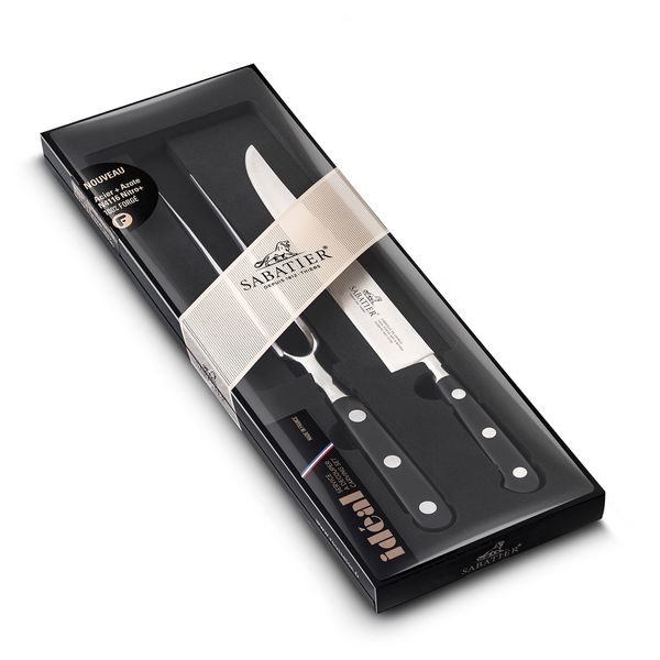 SABATIER - Meat Carving Set with 1 Slicing Knife and 1 Carving Fork, 100% forged, stainless steel blades, black POM handles