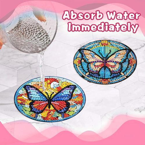 Sretoul 8 Pcs Butterfly Diamond Art Coasters Kit - Multicolor Round Wooden Drink Coasters with Holder, DIY Diamond Painting Coasters Kit for Adults