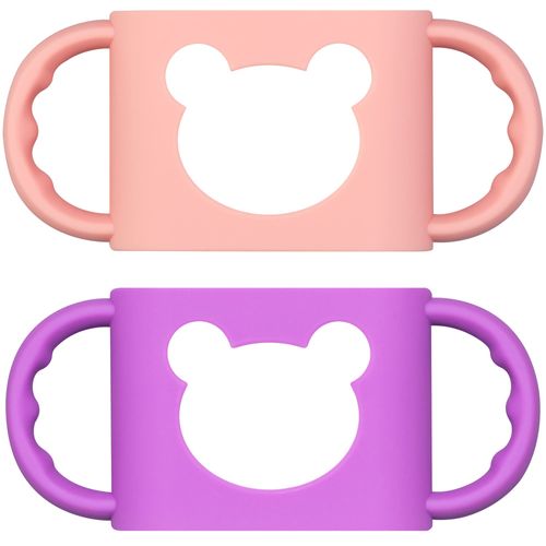 Baby Bottle Handles, Durable Food Grade Silicone Transitional Sippy Cup Handle Grip for Wide-Neck Baby Bottles, Cute Bear Design, Pack of 2, Pink & Purple