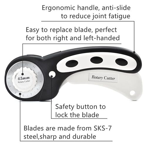 45mm Rotary Cutter with 7pcs Replacement Blades, Ergonomic Handle Rolling Cutter with Safety Lock for Fabric, Leather, Paper, Crafting, Sewing, Quilting, Perfect for Left & Right Hand(Black)