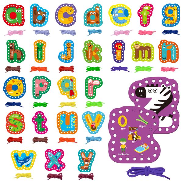 26PCS Alphabet Lacing Cards, Lowercase Letters Sewing Kit with 26 Double-Sided Cards and 26 Colorful Laces Alphabet Learning Toy Motor Skills Art Crafts for Toddlers, Kids, Students