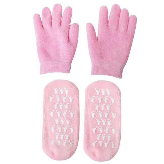 Anwangda Feuchtigkeitshandschuhe Socken Set, Anti-Rutsch Gel Fußpflege Socken und Spa Softening Feuchtigkeitspflegehandschuhe für Trockene Rissige Raue Haut (Rosa)