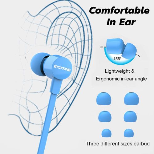 MOXKING Wired Tangle Free Earphones With for kids women small ears, Comfortable and Lightweight Flat Cable Ear bud with Microphone and Volume Control for Cell Phone Laptop (Blue)