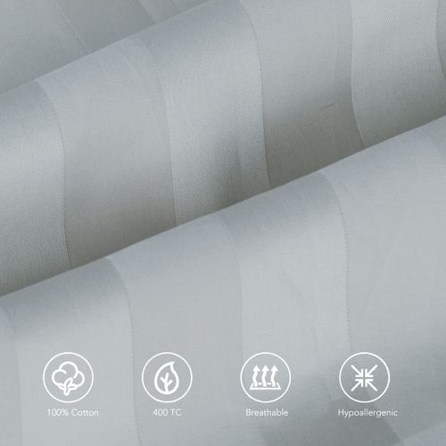 100% Egyptian Cotton Pillow Protectors Set of 2, 400 Thread Count Sateen Weave Cooling Pillowcase, Easy Care Zippered Style Pillow Covers (Stripe-Gray, Standard)