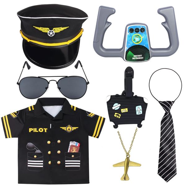 Kyson 7 Pcs Kids Pilot Costume Airline Captain Aviation Costume Dress up Accessories for Halloween Career Day Pretend Play (Set B)