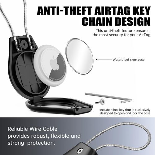 Ekoonpft Waterproof Airtag Keychain Holder - Air tag Lock Case with Wire Cable for Apple Air Tags, Ultra Durable Anti-Lost Airtags Holder with Keyring for Luggage,Dog,Key,Black, 1 Pack