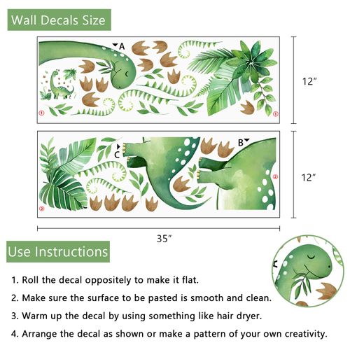 Yovkky Watercolor Large Dinosaur Wall Decals Stickers, Green Brachiosaurus Dino Tropical Palm Leaves Monstera Toddler Baby Nursery Decor, Footprints Home Decorations Kids Boys Bedroom Playroom Art