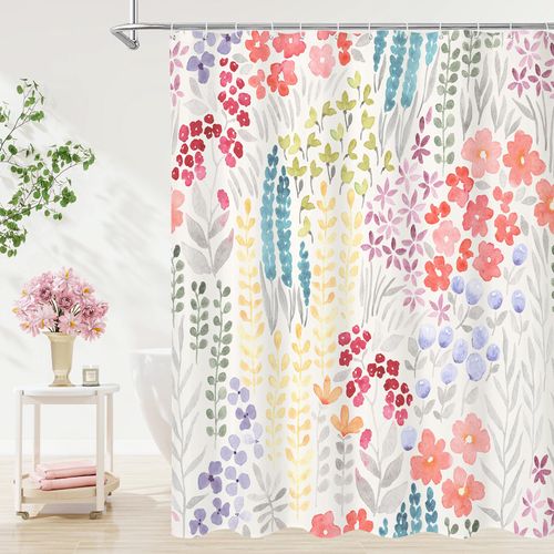 Litabel Cute Colorful Floral Shower Curtain, Boho Blush Pink Flower Shower Curtains for Girls Bathroom Decor, Wildflower Trendy Botanical Waterproof Kids Shower Curtain Set with Hooks 72x72 Inch
