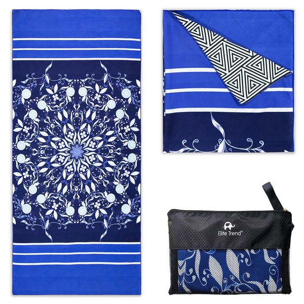 Elite Trend XL Beach Towel for Travel – Extra Large 78x35 Inch w/Bag – Lightweight Microfiber, Compact, Soft, Quick Dry, Sand Free – for Swimming, Pool, Camping, Yoga, Workout – Blue Flower