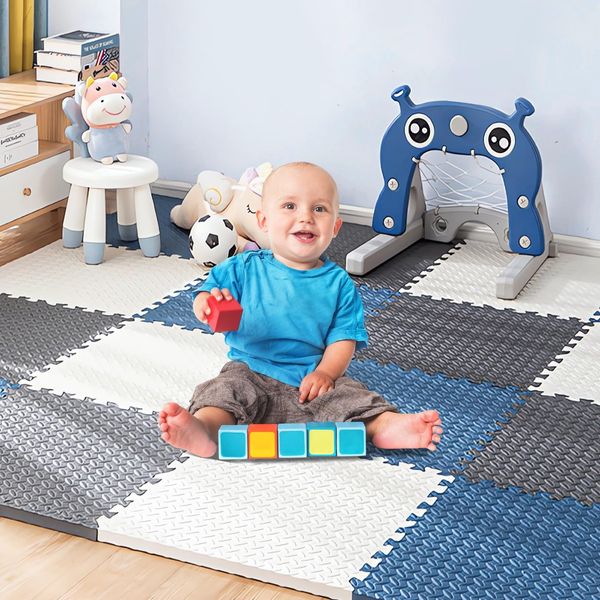 Puzzle-Spielmatte für Baby und Kleinkinder, Krabbelmatte für Babys, 30 * 30 * 1.2 rutschfeste Bodenmatte aus Eva-Schaumstoff, Baby Schadstofffrei Sport rutschfest Bodenschutzmatte (weiß+blau+grau)