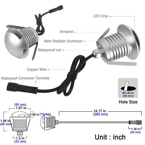 CNBRIGHTER LED In-Ground Well Light,3W,12V-24V DC,IP67 Waterproof Aluminum,Directional Horizontally Outdoor Landscape Lightings,Side View Beam,Warm White (Q2-2 Way)