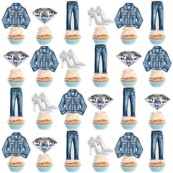 AmazingSpark 48 Pcs Denim and Diamonds Cupcake Toppers Denim Theme Party Cake Decorations Jacket Jeans Cupcake Food Picks Crystal Birthday Party Supplies for Women Bachelorette Wedding Dessert Favors