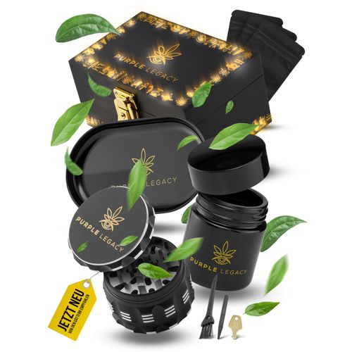 PURPLE LEGACY® Designed in Germany, Gift Set, Grinder Box, Lockable Box Made of Bamboo, Storage Box with Crusher, Tray, UV Glass and Accessories, Storage Box with Lock Grinder, Large