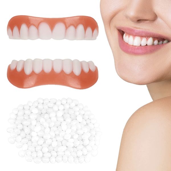 1 Pair False Teeth Veneers Top and Bottom Instant Veneers Fake Teeth White Dentures Instant Smile Veneers Cosmetic Teeth Whitening Temporary Prosthesis Teeth with Thermal Beads for Men Women Adult