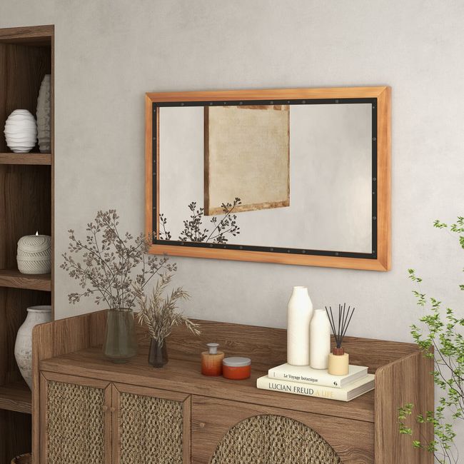 22" x 36" Rustic Wood Mirror Rectangular Frame Wall Mounted Decor for Living