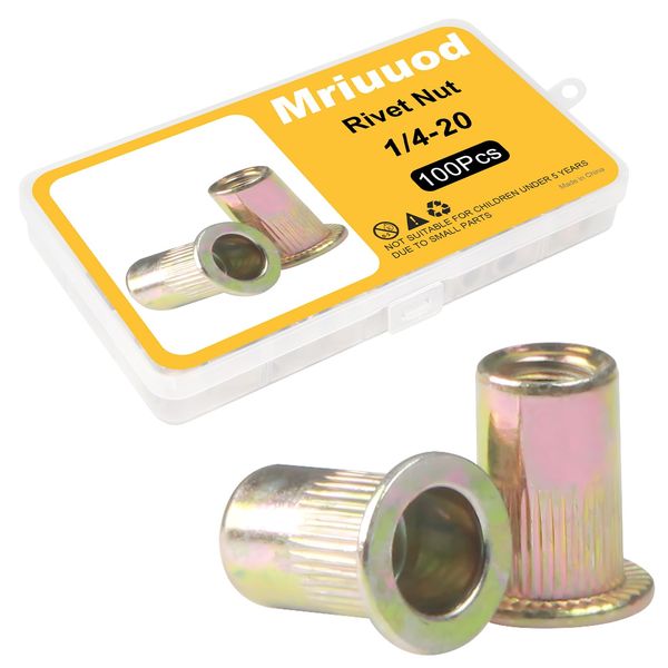 Rivet Nuts,100Pcs 1/4-20 SAE Rivet Nuts,Zinc Plated Carbon Steel Rivet Nut Flat Head Threaded Insert Nutsert