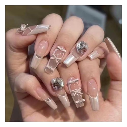 FASHION YO 24PCS Glitter Diamond Press on Nails French Tip False Nails Shaped Short/Long Fake Nails Full Cover Stick on Nails Removable Glue-on Women Girls Daily Wear (Set06)