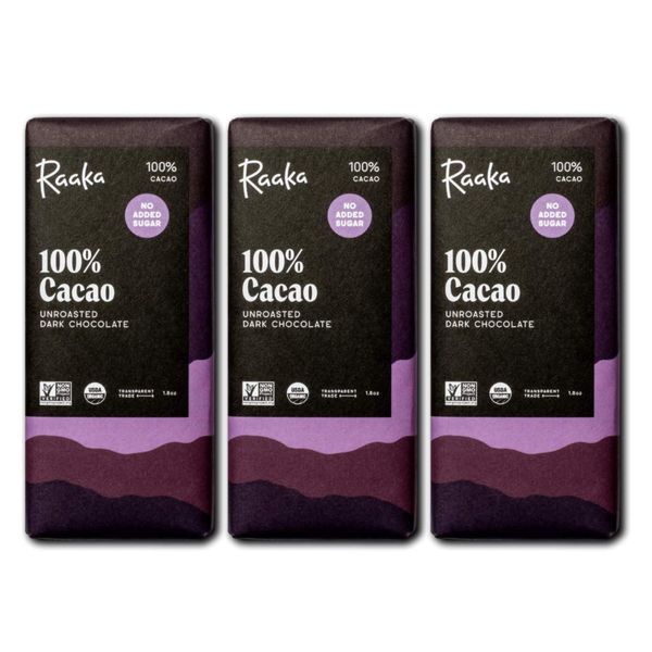 Raaka Chocolate 100% Cacao, Sugar Free Dark Chocolate | Gourmet Dark Chocolate Gift | Organic, Vegan, Fair Trade, Soy Free, Non GMO, Gluten Free, Kosher, Keto, Paleo | 1.8oz Bars, 3-Pack