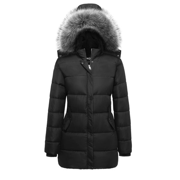 GGleaf Women's Winter Thicken Puffer Coat Warm Snow Jacket with Fur Removable Hood Black Medium