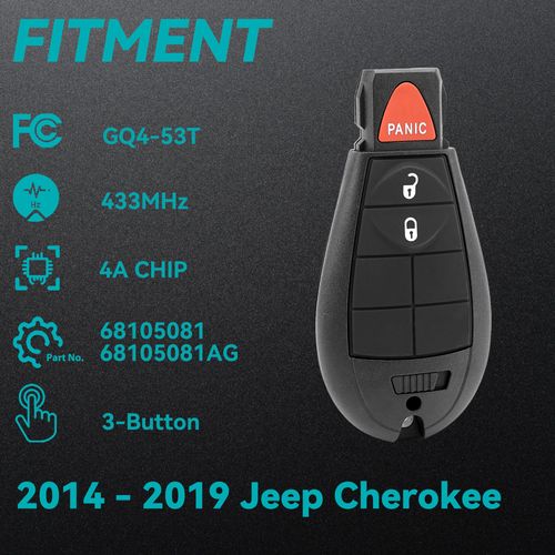 Amicarep Key Fob Replacement Car Key 3-Button Keyless Entry (2PC) 433MHz Compatible with 2014 - 2019 Jeep Cherokee FCC ID GQ4-53T 4A CHIP