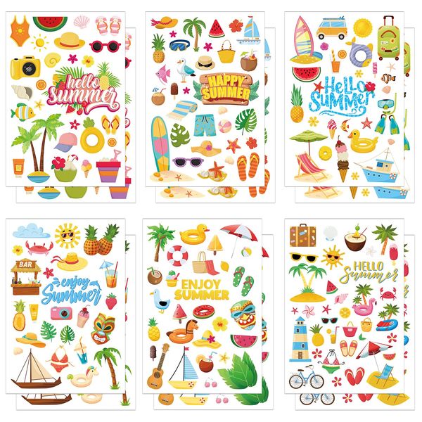 344pcs Hello Summer Stickers for Kids, 12 Sheets Happy Cartoon Vacation Stickers Decals Pool, Pineapple, Sun Colorful Beach Sticker for Hawaii Party Favors, Holiday, Scrapbooking, Journal, Craft