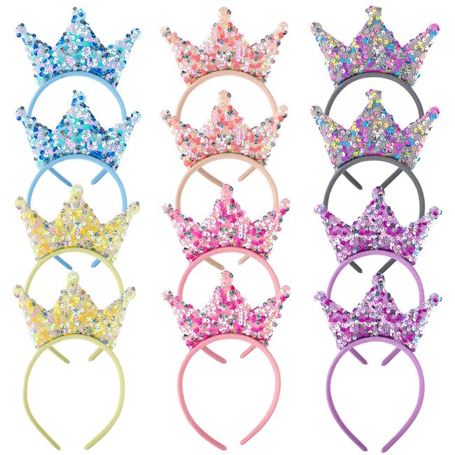 LUTER 12pcs Sequin Crown Headband, Double Sided Sequin Headbands Shiny Crown Headband Halloween Party Accessory Princess Headbands Glitter Headbands for Women Girls (6 Colors)