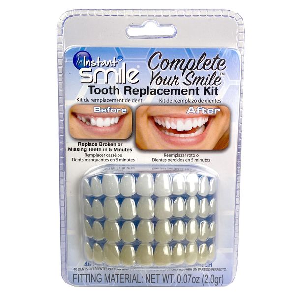 Instant Smile Complete Your Smile Temporary Tooth Replacement Kit, Broken or Missing Tooth Repair Kit, Bright White Natural and Dark Shades, Patented, 40 False Teeth