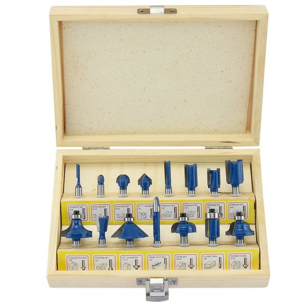 Tungsten Carbide Router Bits Set, 15 Piece, 1/4� Shank, Chamfer, Woodworking