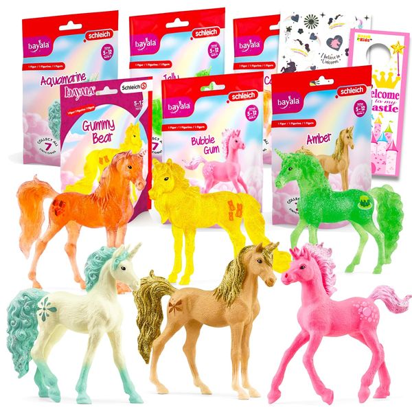 Schleich Unicorn Toy Playset for Girls - Bundle with 6 Schleich Unicorn Figurines Featuring Candy, Desserts, Treats More Plus Tattoos | Bulk Unicorn Figure Set for Kids