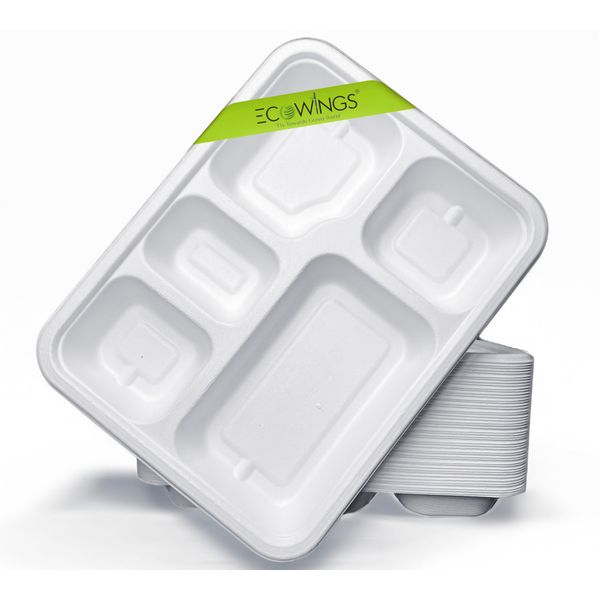 ECOWINGS 5-Compartment Disposable Plates with Deep Pockets - Biodegradable Bagasse Food Trays, (25-Pack) for Versatile and Flavorful Meals | Portion Control Made Easy for Lunches, Picnics & Parties