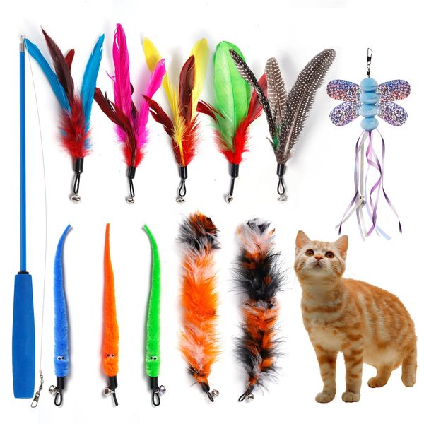 PetHomli Cat Toys for Indoor Cats, 1PCS Retractable Cat Fishing Rod Toy and 11PCS Cat Feather Toys Teaser Refills, Interactive Cat Toy Wand Kitten Toys to Play Chase Exercise