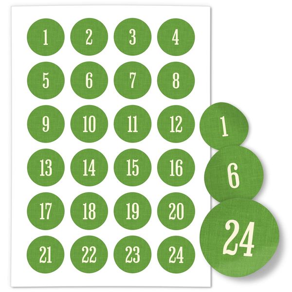 Adventskalender-Zahlen Aufkleber 1 bis 24 / Schlicht auf Grün/Etiketten/Sticker/Weihnachtskalender/Advent/Rund/DIY/zum Aufkleben