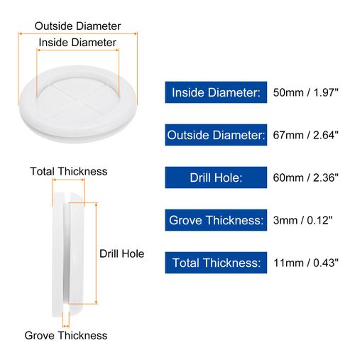 uxcell 4Pcs Rubber Grommets 2-3/8" (60mm) Drill Hole, 2" (50mm) ID Double Sided Hole Plugs Ring Gasket for Firewall Cable Wire Protecting, White