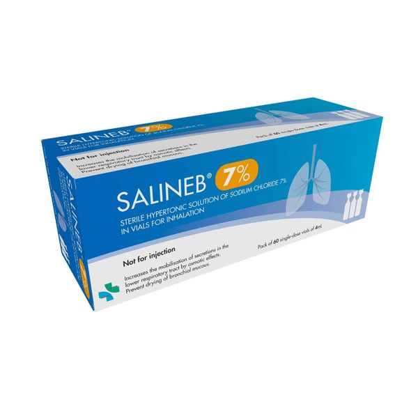 Salineb 7% Sterile Hypertonic Saline Solution 7% Sodium Chloride NaCl Vials for Inhalation 60 x 4ml Single-Dose Vials