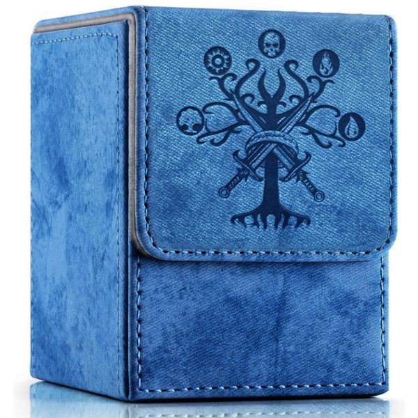 PROMAXIBINDER MTG Commander Deck Box with 2 Dividers, Fits 100+ Single Sleeved Cards, Strong Magnet Magic Gathering Deck Box, PU Leather Trading Card Storage Box for TCG CCG MTG Cards (Navy Blue-Tree)