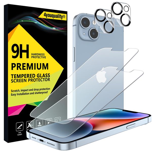 4youquality [4-in-1 Screen Protector for iPhone 14 Plus with Camera Lens Protector, Tempered Glass Film, 2-Pack Each, [LifetimeSupport][Impact-Resistant][Anti-Scratch][Ultra-Transparent]