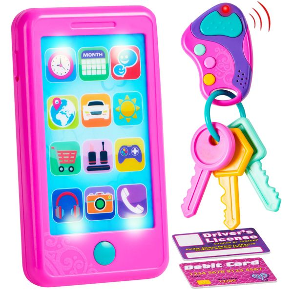 JOYIN Pretend Play Smart Phone, Keyfob Key Toy and Credit Cards Set Kids Toddler Cellphone Key Toys, Kids Toddler Cellphone Toys, Toddler Birthday Gifts Toys for 1 2 3 4 5 Year Old, Kids Toys