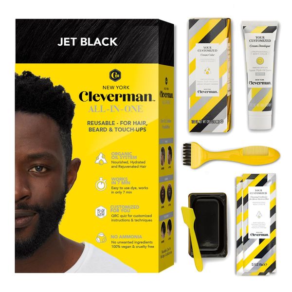 Cleverman Jet Black Hair & Beard Dye for Black Men. All-in-One Reusable Kit - For Natural-Looking Results. Professional-Quality color for Beard & Mustache. Ammonia-Free, Enriched with Coconut Extract