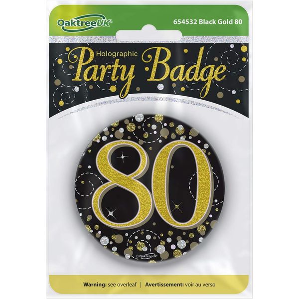 OakTree 3" Badge 80th Birthday Sparkling Fizz Black Gold Holographic