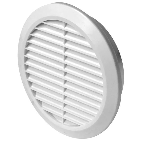 White Louvred Wall Vent Grille with Flyscreen for Ø 100 mm / 4" Round Wall Outlet - Air Ventilation Duct Cover with Anti-Insect Mesh and Rear Spigot, Tough and Durable ABS Plastic