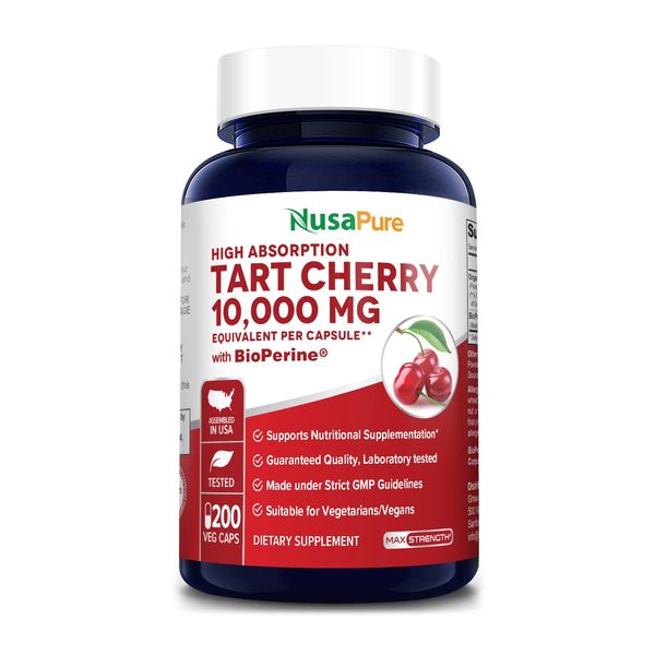 NusaPure Tart Cherry 10,000mg - 200 Veggie Caps (Vegan, Non-GMO & Gluten-Free) with Bioperine and Organic Tart Cherry Fruit