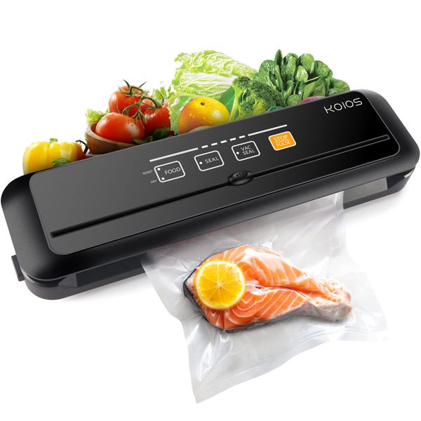 KOIOS Vacuum Sealer Machine, 90Kpa Automatic Vacuum Air food sealer/Built-in Cutter Starter Kit, Dry & Moist Food Preservation Modes, Pulse Function, LED Indicator Lights, Black