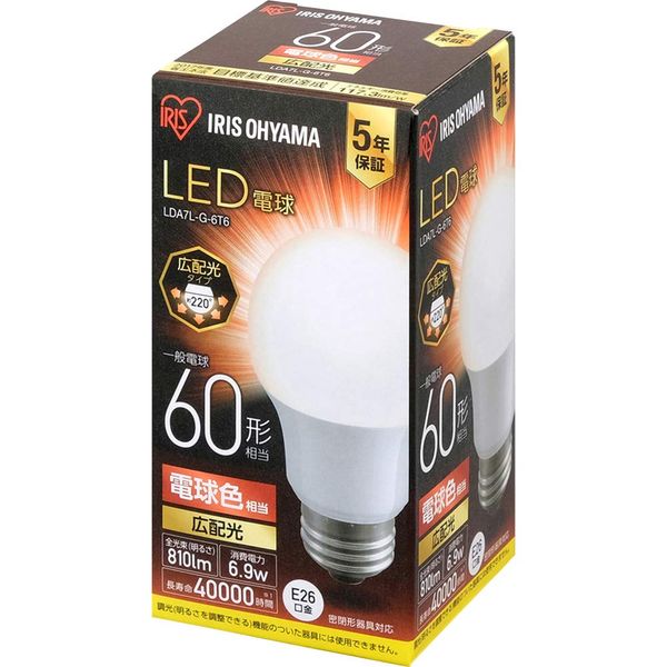 Iris Ohyama LDA7L-G-6T6 LED Bulb, Base Diameter: 1.0 inches (26 mm), Wide Light Distribution, 60 W Equivalent, Light Bulb Color, Compatible with Enclosed Fixtures