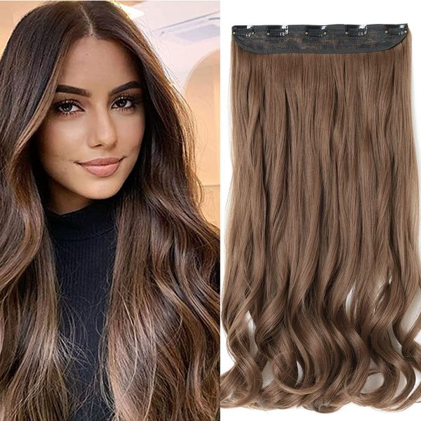 24 Inch One Piece 5 Clips Matte Material Hair Extension Curly Wavy Clip In Hairpiece Synthetic For Women Beauty, Light Brown