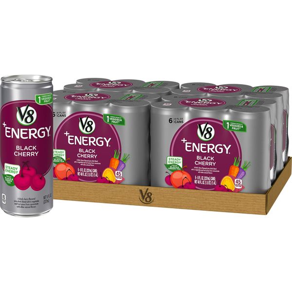 V8 +ENERGY Black Cherry Energy Drink, Made with Real Vegetable and Fruit Juices, 8 FL OZ Can (Pack of 24)